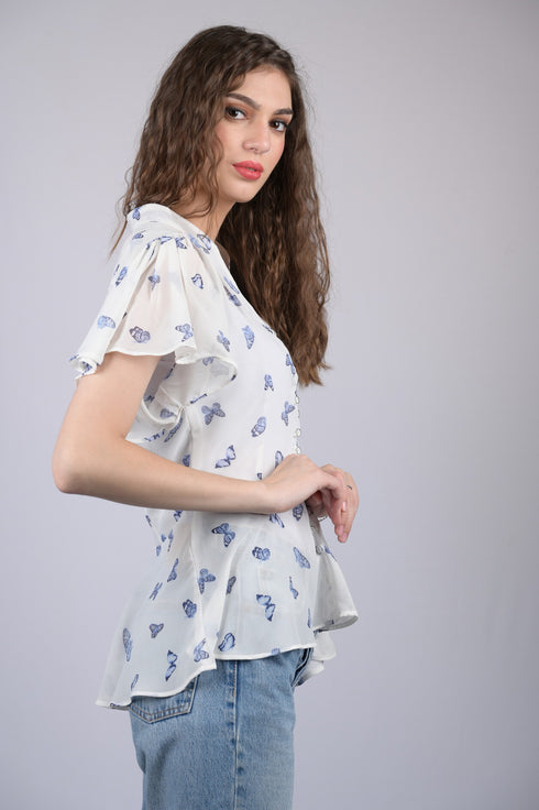White Embellished Butterfly Print V-Neck Flutter Sleeves Peplum Top (OTL-TPS1009)
